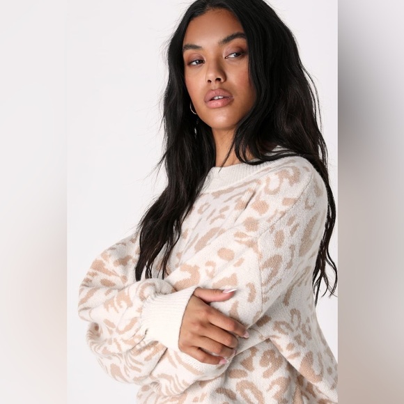 Lulus Purr-fectly Toasty Animal Print Ivory and Beige Pullover Sweater Small - Picture 2 of 10
